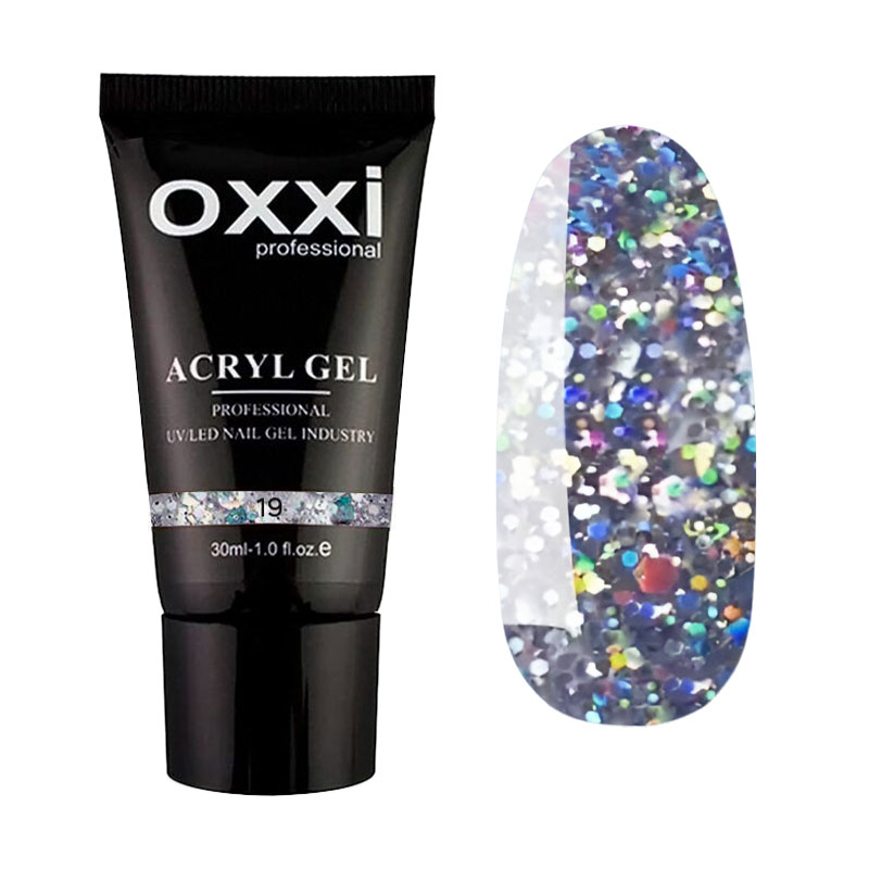 Акрил-гель для нігтів Oxxi Professional Acryl Gel 19 Прозорий з великими насиченими голографічними блискітками, 30 мл